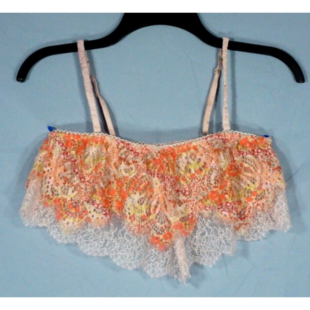 VTG Victoria's Secret DREAM ANGELS BRALETTE Pink/Orange Print LACE FLOUNCE sz M